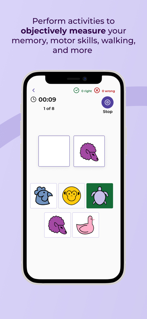 BeCare MS: Multiple Sclerosis - A mobile phone displaying a memory assessment activity with animal icons from the BeCare MS app.