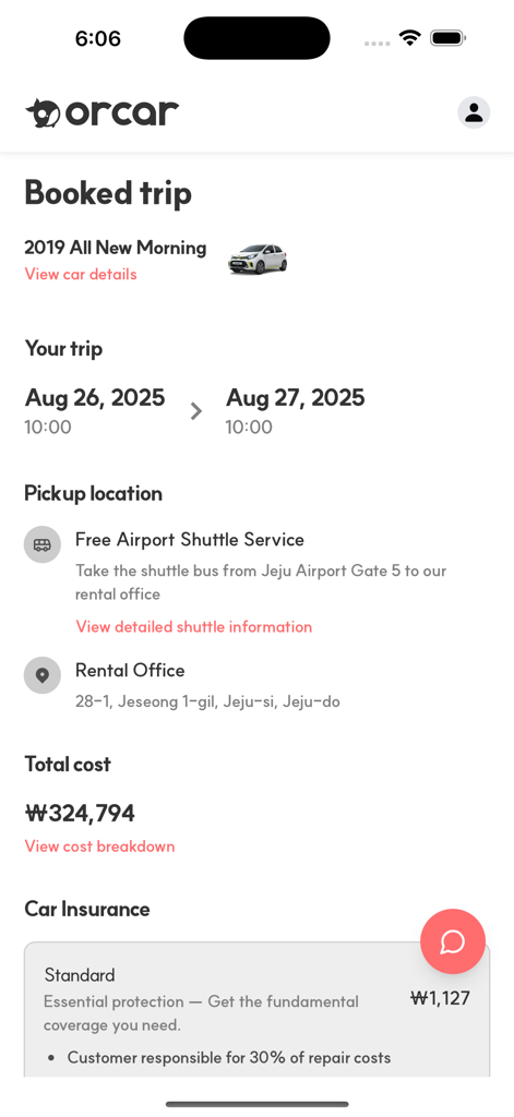 Orcar: Jeju Car Rental - Orcar app interface showing details for a booked car rental trip in Jeju.