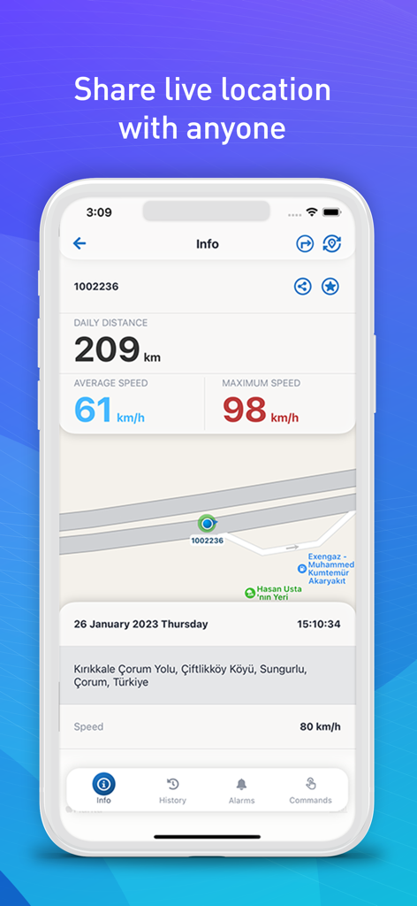 Arvento app interface displaying live vehicle location and speed statistics.