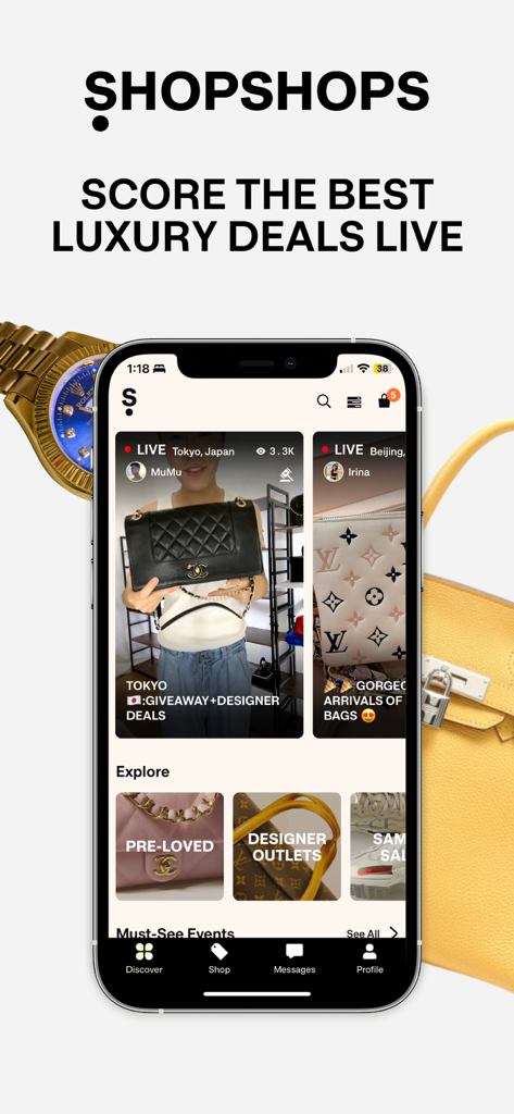 ShopShops: Designer Deals Live - ShopShops app screen showing live luxury fashion shopping streams and designer deals