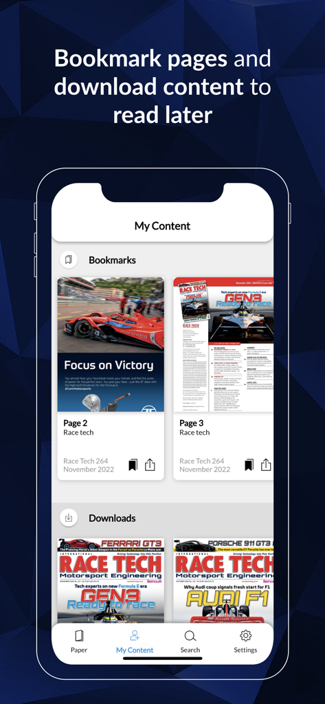 Race Tech - Interfaz de la aplicación Race Tech mostrando páginas de revistas de ingeniería de automovilismo marcadas y descargadas.