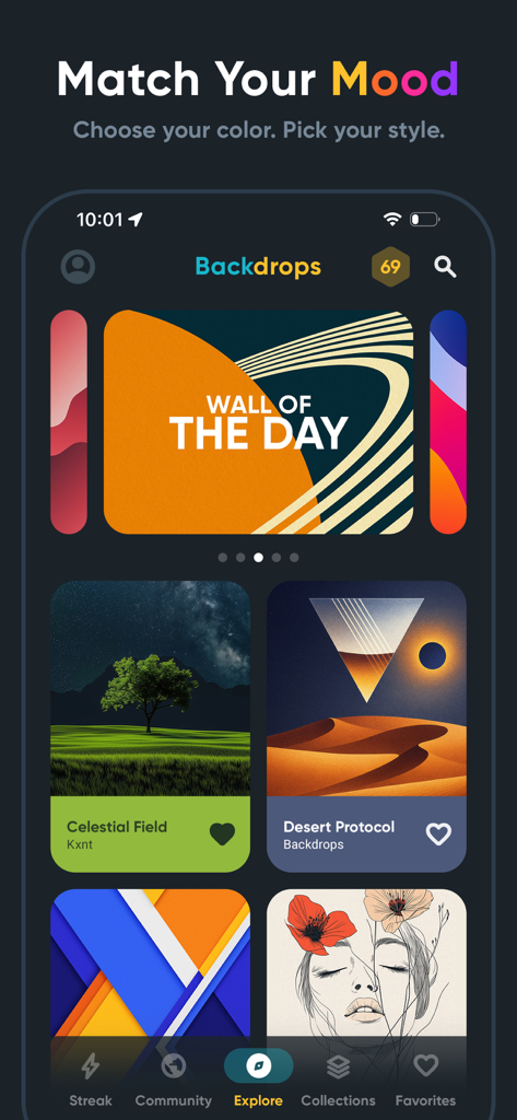 Backdrops App-Oberfläche mit 'Wall of the Day' und kuratierten künstlerischen Wallpaper-Sammlungen.