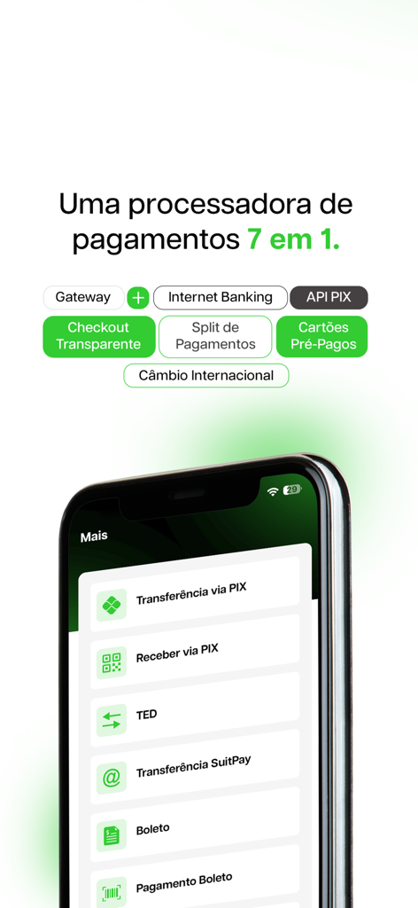 Interfaz de la aplicación SuitPay que muestra funciones financieras como transferencias PIX, TED y pagos de boletos para expatriados brasileños.