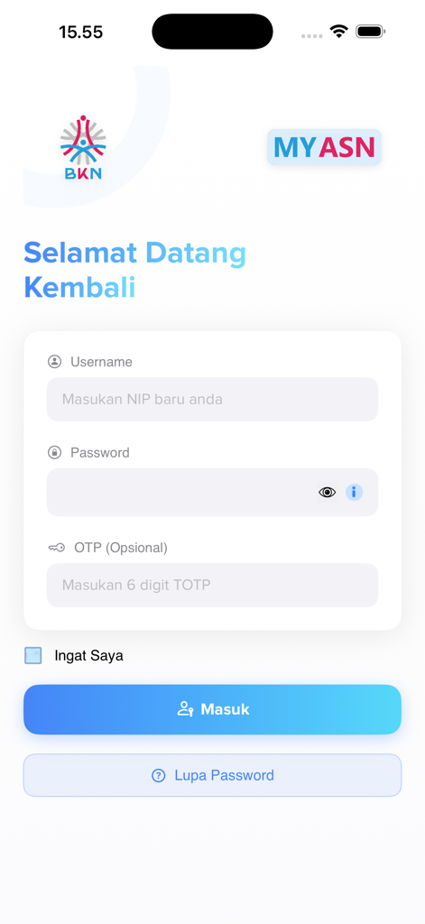 MyASN BKN - Login interface for the MyASN BKN application featuring username and password entry fields for Indonesian civil servants