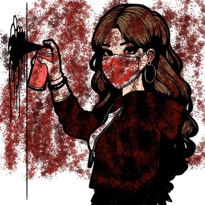 realistic girl with mask spray painting a wall