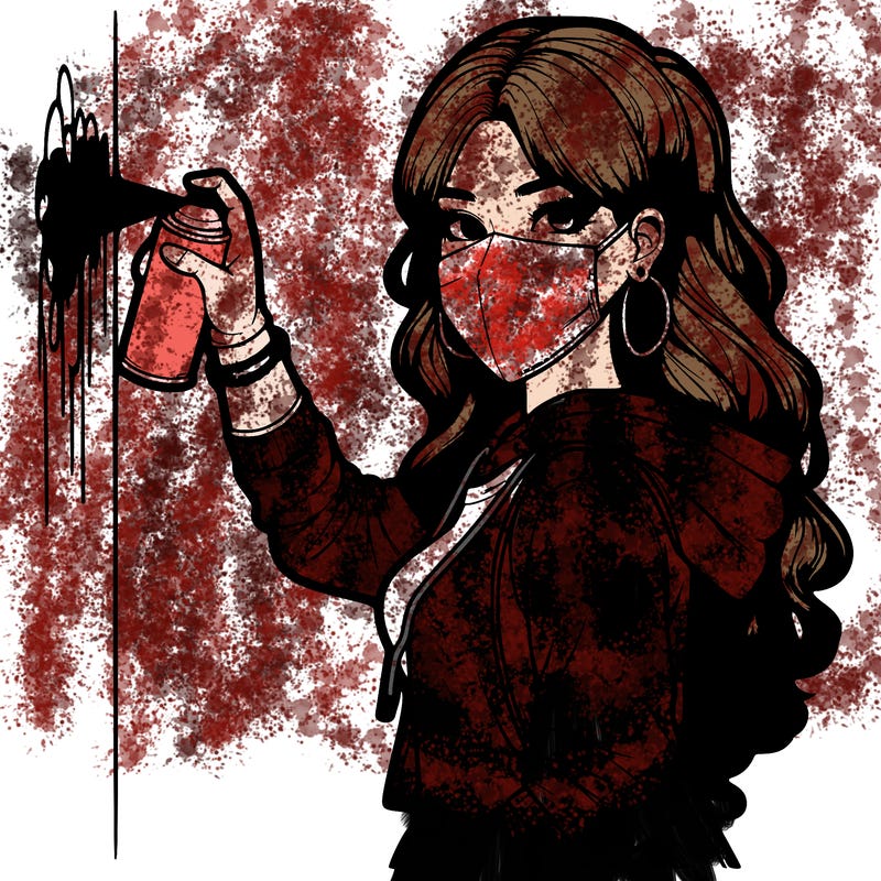 realistic girl with mask spray painting a wall