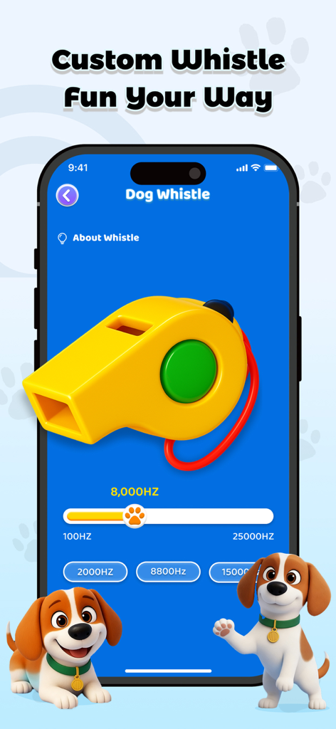 Captura de pantalla de la función Silbato para Perros en la aplicación BarkAI que muestra un silbato amarillo y un control deslizante de frecuencia.