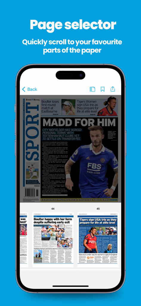 Captura de pantalla de la función de selector de páginas de la aplicación Leicester Mercury que muestra noticias deportivas y miniaturas del periódico digital