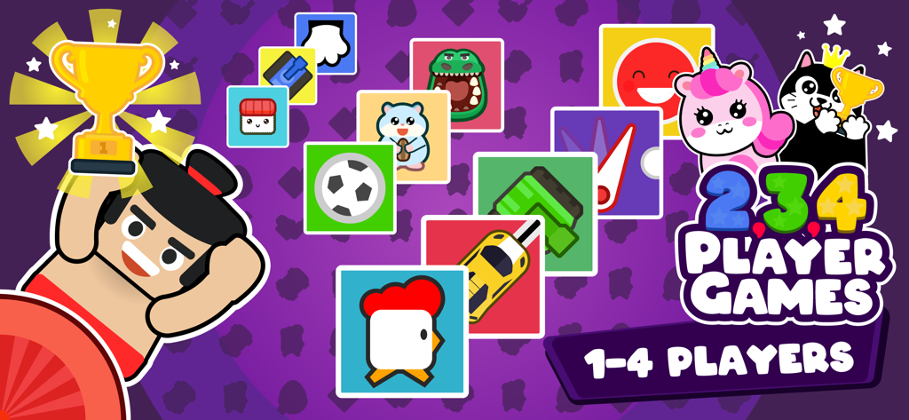 Banner colorido para la aplicación Juegos para 2, 3, 4 Jugadores con varios íconos de minijuegos de dibujos animados y un personaje sosteniendo un trofeo