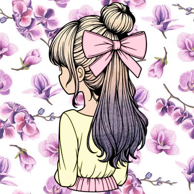 realistic girl  with hip length hair a bun and a big bow on the back of head