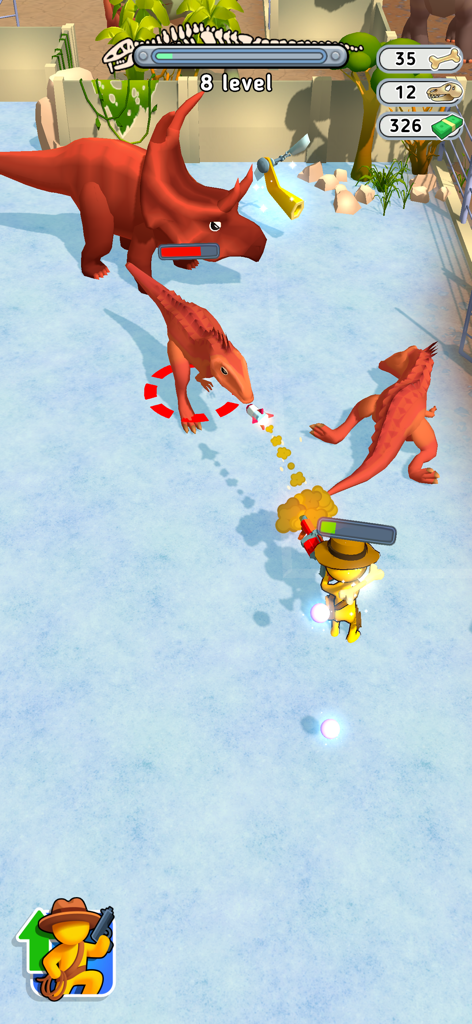 Dino Fighter: Jurassic Escape - A yellow character shooting projectiles at red dinosaurs in the Dino Fighter Jurassic Escape mobile game.