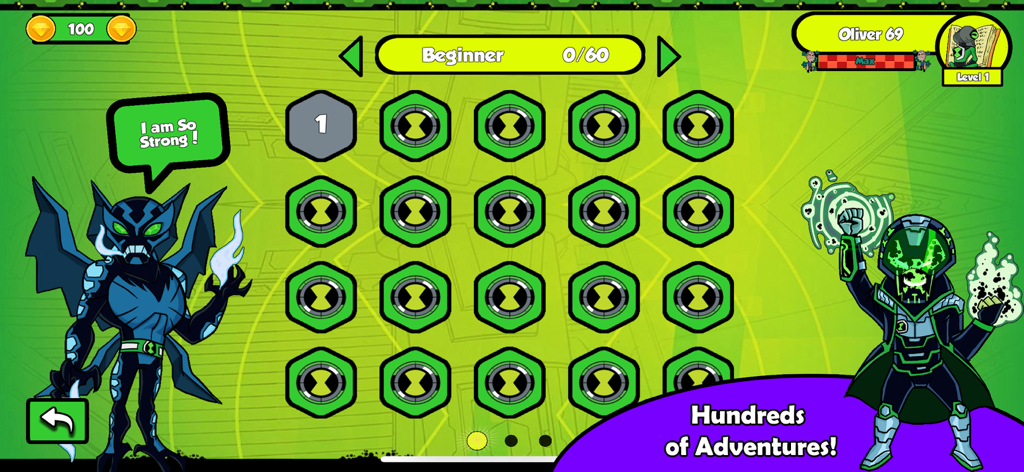 Ben Alien 10 Trivia - Level selection screen of the Ben Alien 10 Trivia game featuring alien characters and beginner mode