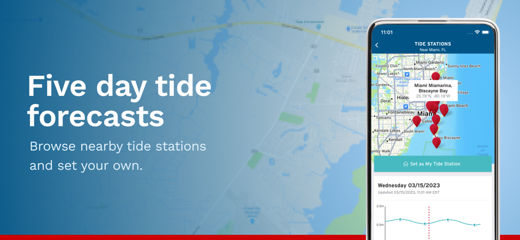 BoatUS app displaying five day tide forecasts and tide stations on a map of Miami