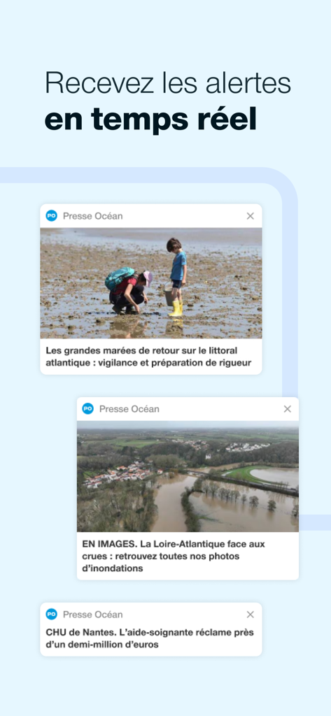 Presse Océan - Le Journal - Real-time news alerts notifications on a smartphone screen from the Presse Océan app.