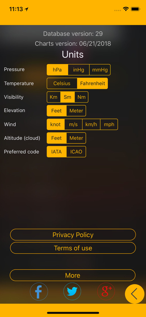 Unit settings screen for aviation measurements in the US EFB app.