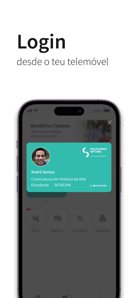 IPS Campus Digital - A smartphone showing a digital student identification card on the IPS Campus Digital app login screen.