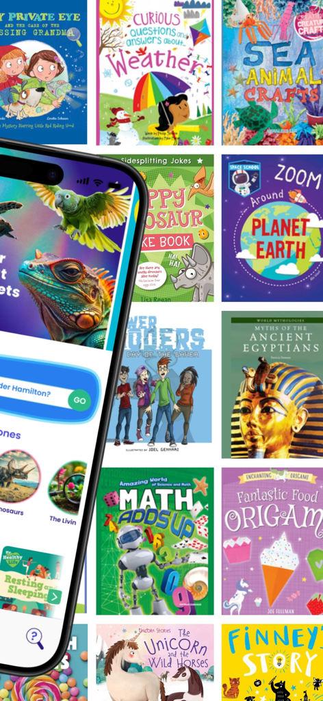 カラフルな子ども向け書籍の表紙を背景に、Curiosoキッズ学習アプリが表示されたスマートフォン。