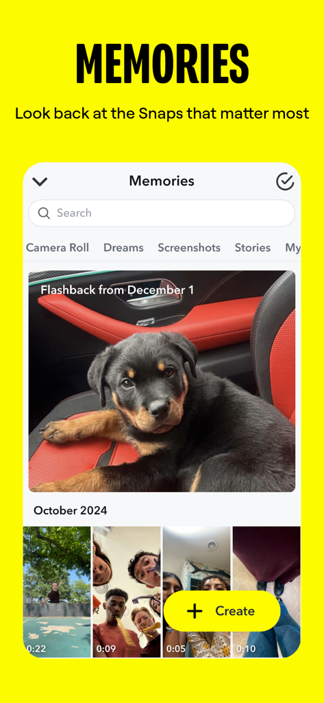 Snapchat mobile app screen showing the Memories feature with a flashback photo of a puppy and a grid of saved videos