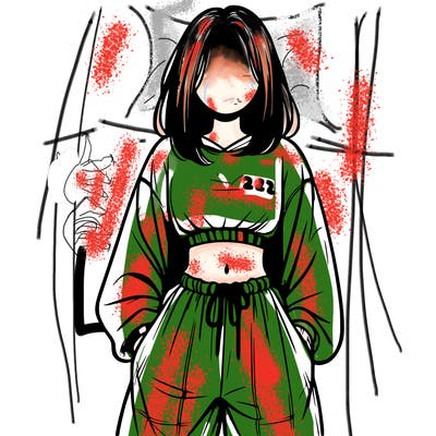 realistic girl faceless with baggy pants and a crop top