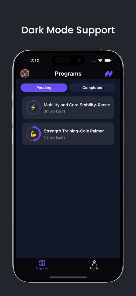 Interface of the FitEase app showing a list of pending workout programs in dark mode