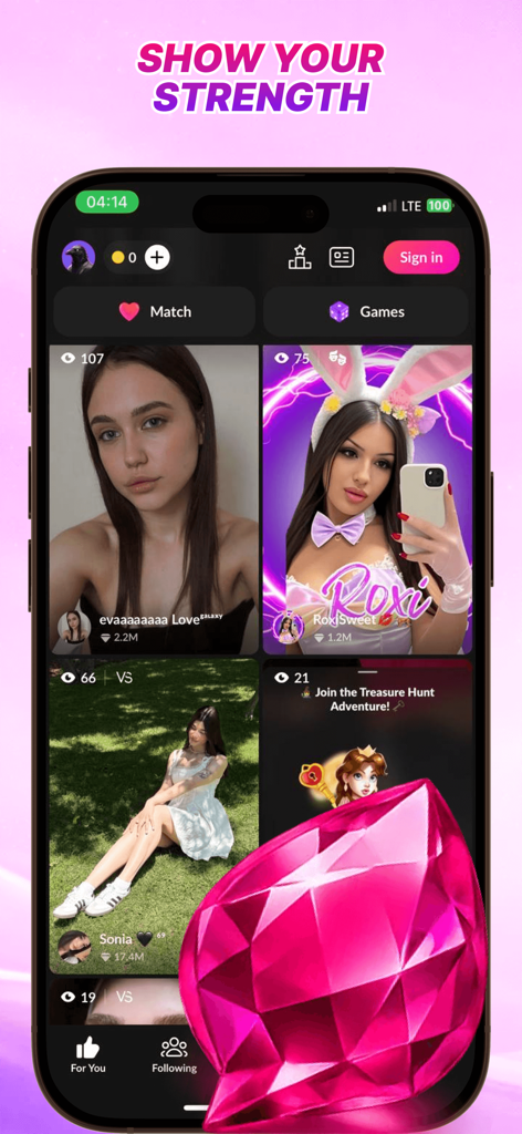 Tаngο Lιʋε:Soft Attention - Interfaz de la aplicación Tango Live que muestra varias miniaturas de transmisiones en vivo de mujeres con un gran icono de diamante rosa.