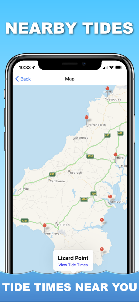 Tide Times UK - Tide Times UK app screenshot showing a map with pins for coastal tide locations in Cornwall.