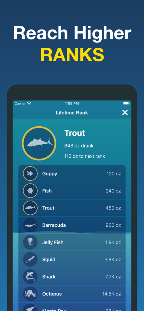 Hydro Coach - Hydration App - Una pantalla de móvil que muestra la progresión de rangos de por vida de Hydro Coach con criaturas marinas como Trout y Barracuda representando los niveles de hidratación.