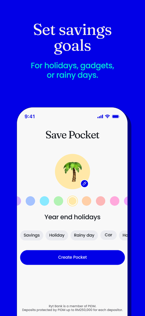 Ryt Bank Mobile-App-Bildschirm mit der Funktion 'Save Pocket' zum Festlegen personalisierter Sparziele mit einem Urlaubssymbol