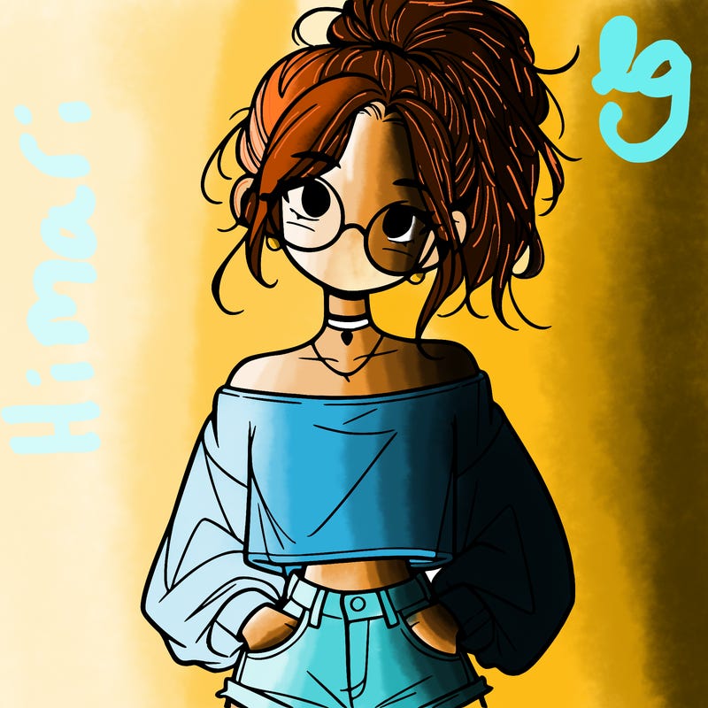 girl with a messy ponytail glasses a baggy crop top and jean shorts