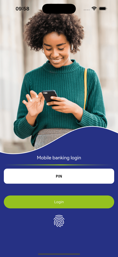 Pantalla de inicio de sesión segura para la banca móvil K-Unity Unicash con autenticación por PIN y huella dactilar