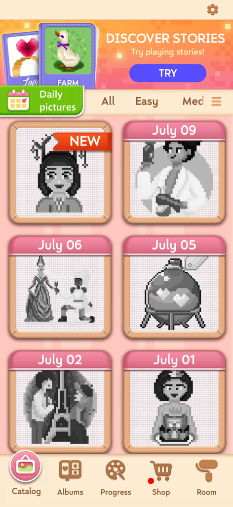 Craft Cross Stitch: Pixel Art - Daily pixel art patterns menu in the Craft Cross Stitch app