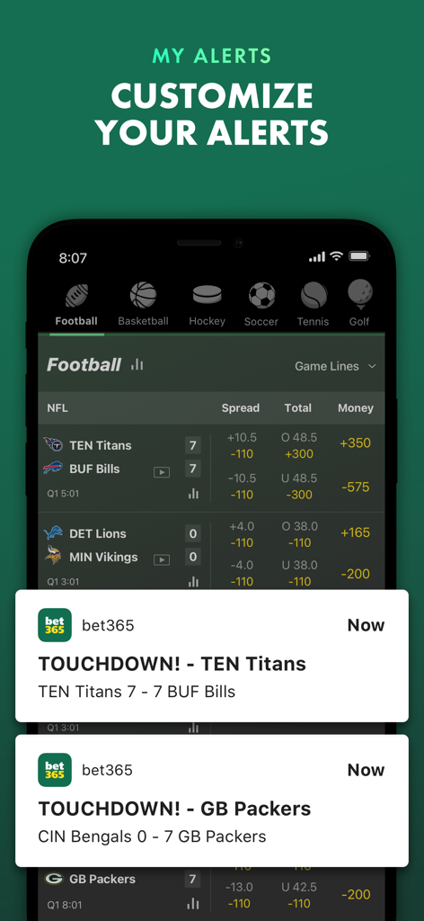 bet365 - Sportsbook & Casino - Mobile screen showing live sports betting alerts and NFL game scores on the bet365 app