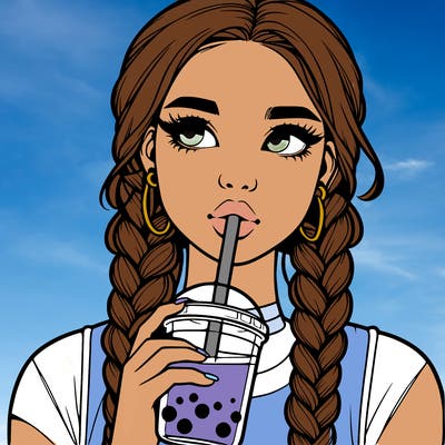 realistic girl with braided hair drinking boba