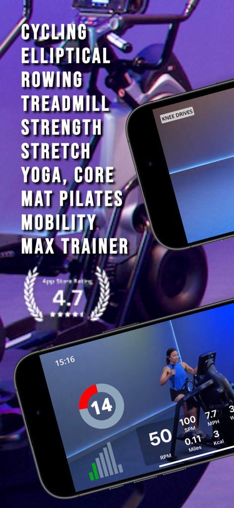 Fitscope app interface showing various workout categories and real-time performance tracking data.