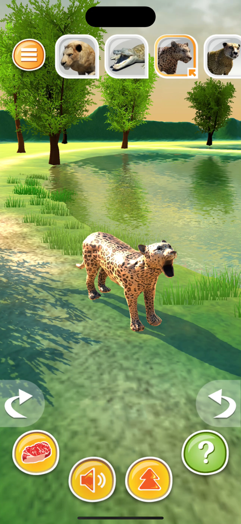 Animal Simulator 3D-Predetors - A 3D leopard character standing near a lake in the Animal Simulator 3D Predators mobile game