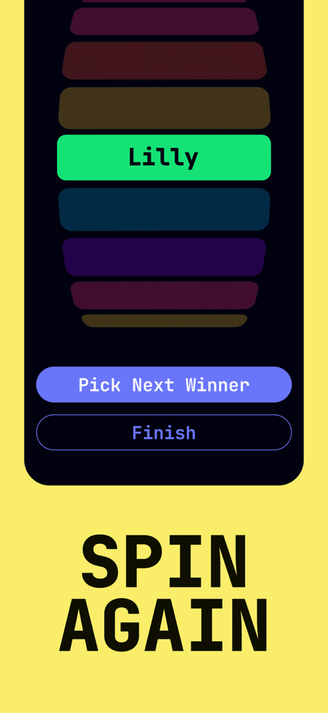 Tela do aplicativo mostrando um vencedor de sorteio selecionado e opções para girar novamente