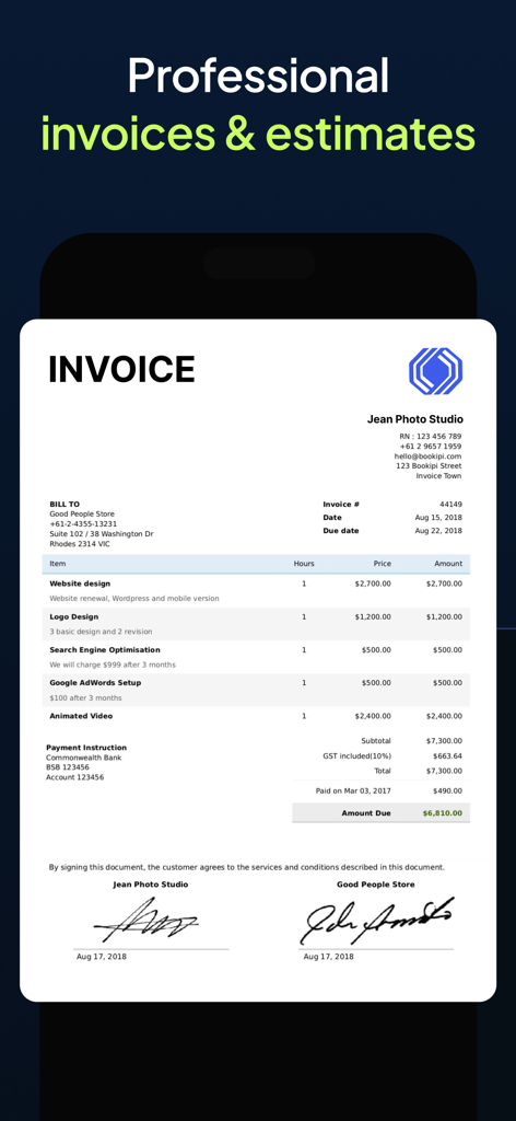 A professional business invoice template displayed on a smartphone screen.