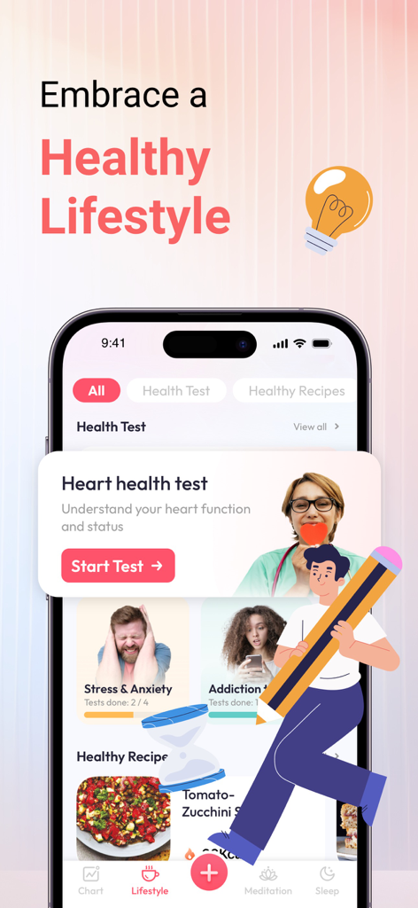 My Pulse app interface displaying heart health tests and healthy lifestyle options