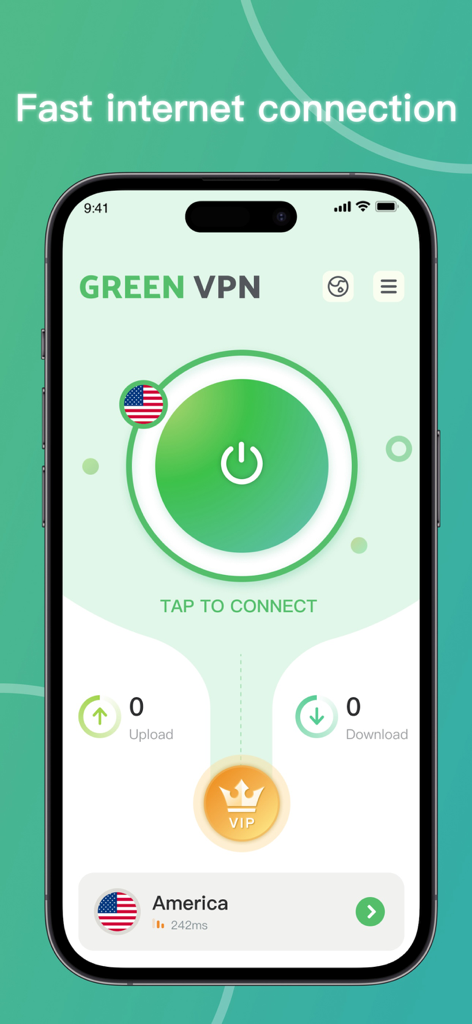 Green VPN app interface showing the central tap to connect button and server selection