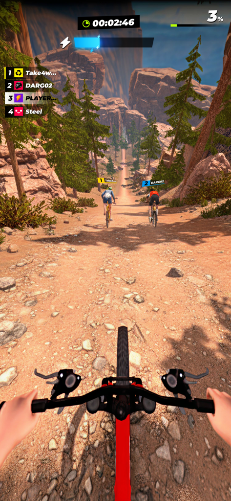 RUSH: Xtreme - First person view of a mountain bike racing through a rocky canyon landscape