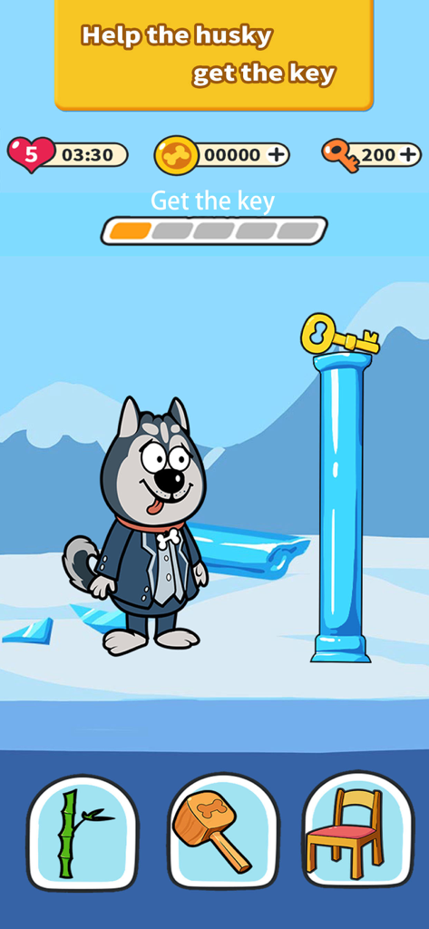 Husky Mind - Un husky dei cartoni animati in smoking si trova accanto a un alto pilastro con una chiave in cima nel gioco di puzzle mobile Husky Mind.