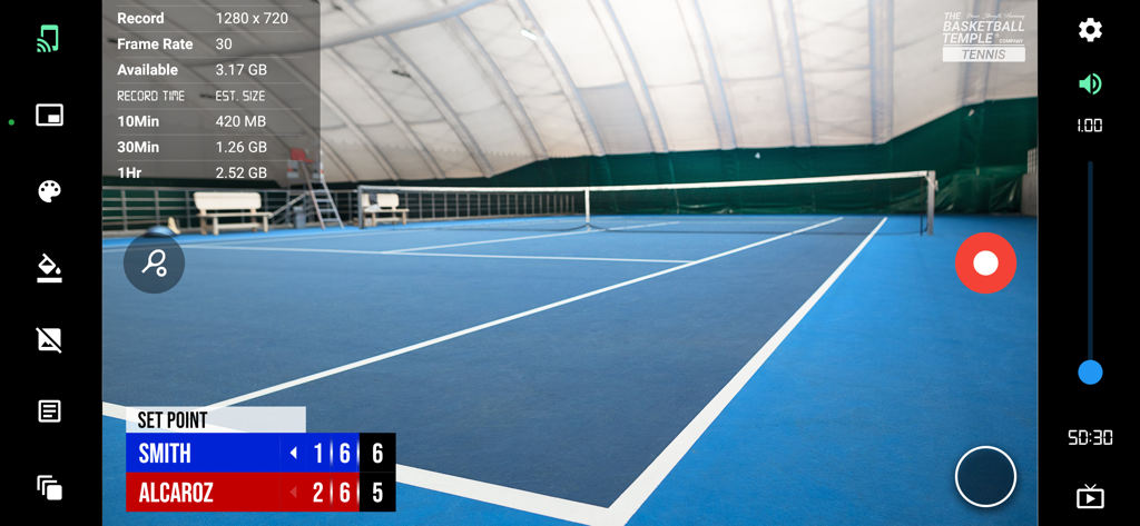 BT Tennis Camera app interface showing a live tennis match recording with a professional real-time score overlay and recording settings.