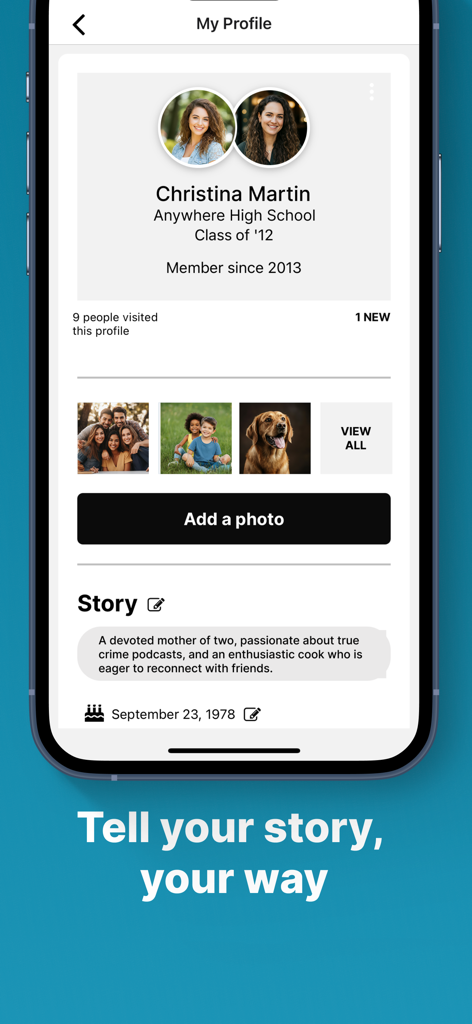 Classmates™ Mobile App - User profile screen on the Classmates app displaying personal details, graduation year, photos, and a biography section.