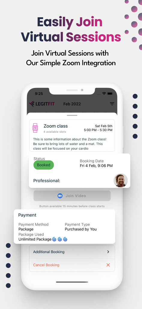 LegitFit - LegitFit app interface for booking and joining virtual fitness classes with Zoom integration