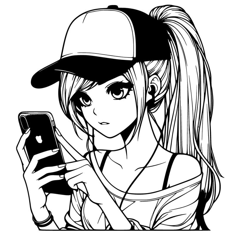realistic girl with a long ponytail and trucker hat holding an iphone