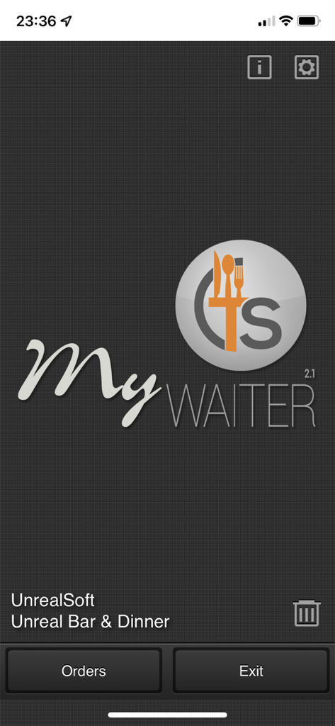 회사 로고와 주문 및 종료 버튼이 포함된 MyWaiter 모바일 앱 스플래시 화면