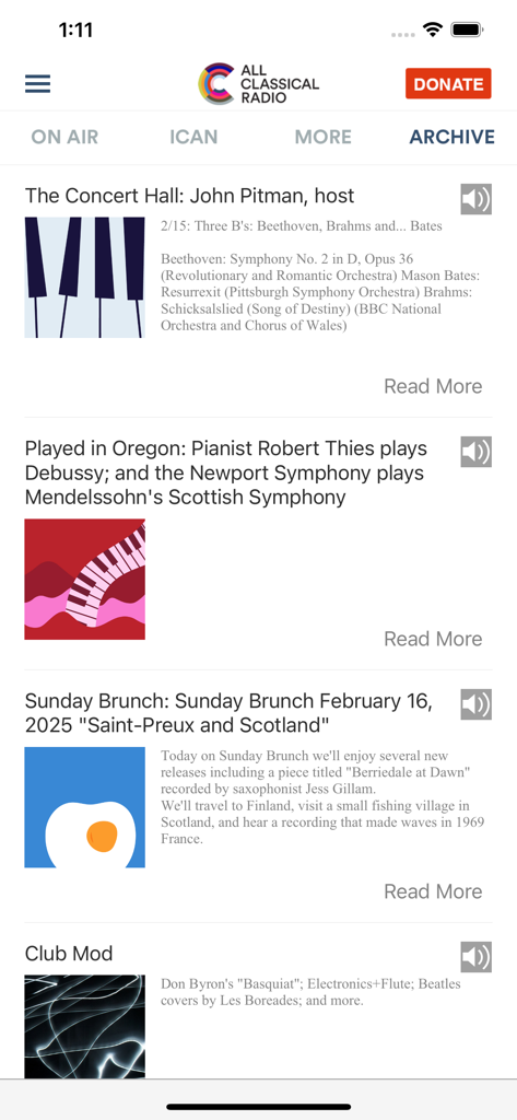 All Classical Radio - Archive screen of the All Classical Radio mobile app showing a list of on-demand classical music programs