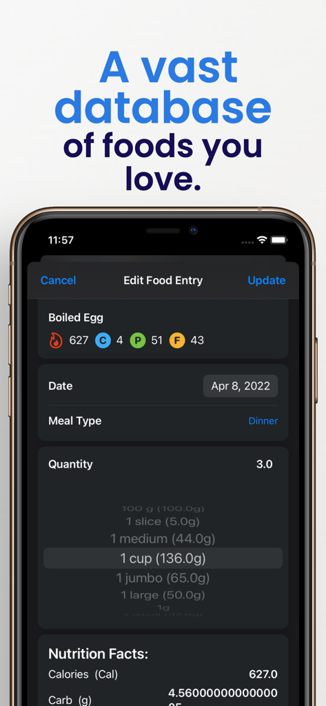 Food Diary - Lilbite - Una captura de pantalla de la aplicación Diario de Comidas - Lilbite que muestra entradas de la base de datos de alimentos y rastreo de macronutrientes en modo oscuro