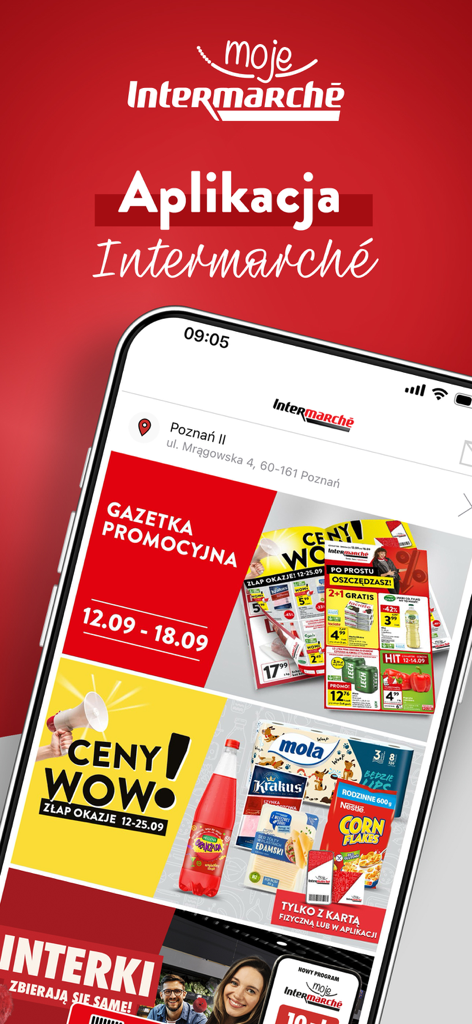 Interfaz de la aplicación móvil Intermarché Polska que muestra un folleto promocional de comestibles y ofertas especiales.