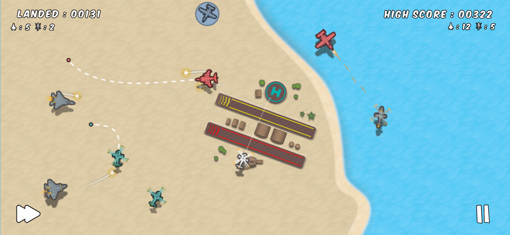 Top down view of air traffic control gameplay showing planes and helicopters being guided to a coastal airfield